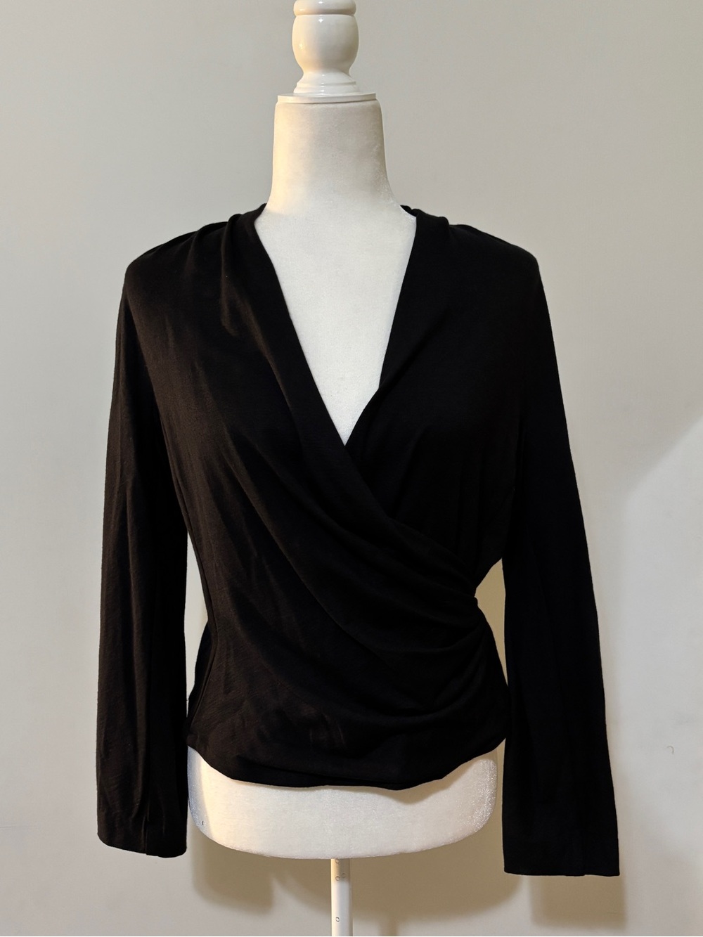 Anne Klein Wool, Silk and Spandex Blend Black Wrap Front Long Sleeve Blouse